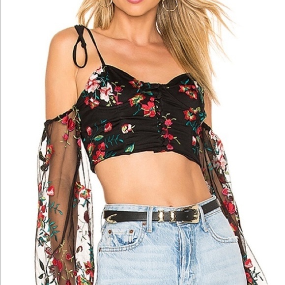 NWT TULAROSA x REVOLVE Adele Black Embroidered Long Sleeve Crop Top, Size XL - Picture 2 of 7